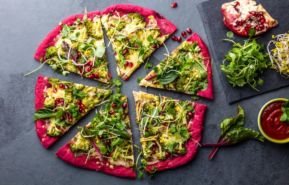 Canva - Beetroot Dough, Vegetables and Sprouis Pizza, Healthy Fast Food on Slate (1) Canva - Beetroot Dough, Vegetables and Sprouis Pizza, Healthy Fast Food on Slate (1)